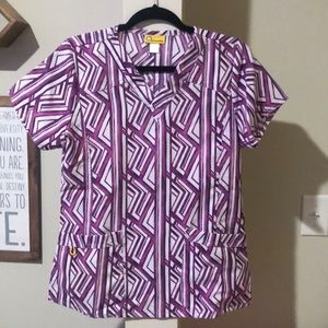 Geometric print purple Wonderwink scrub top